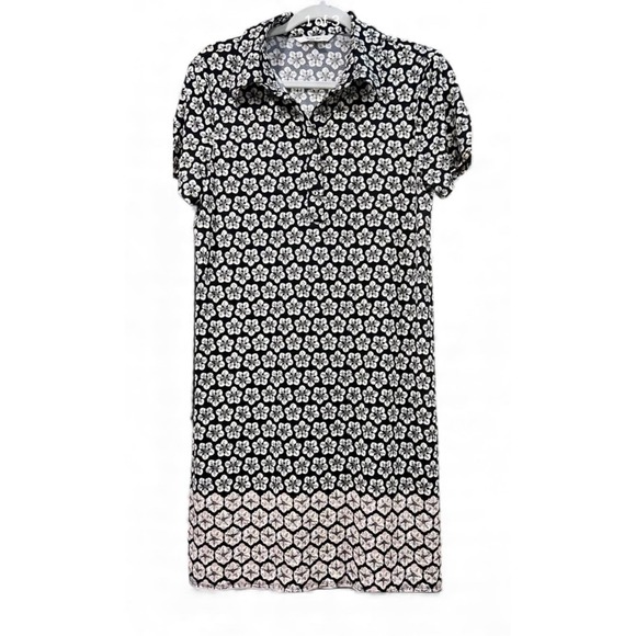 Sophie Max Floral Print Button Front Shirt Dress Midi Black White Pink Size L - Picture 2 of 9